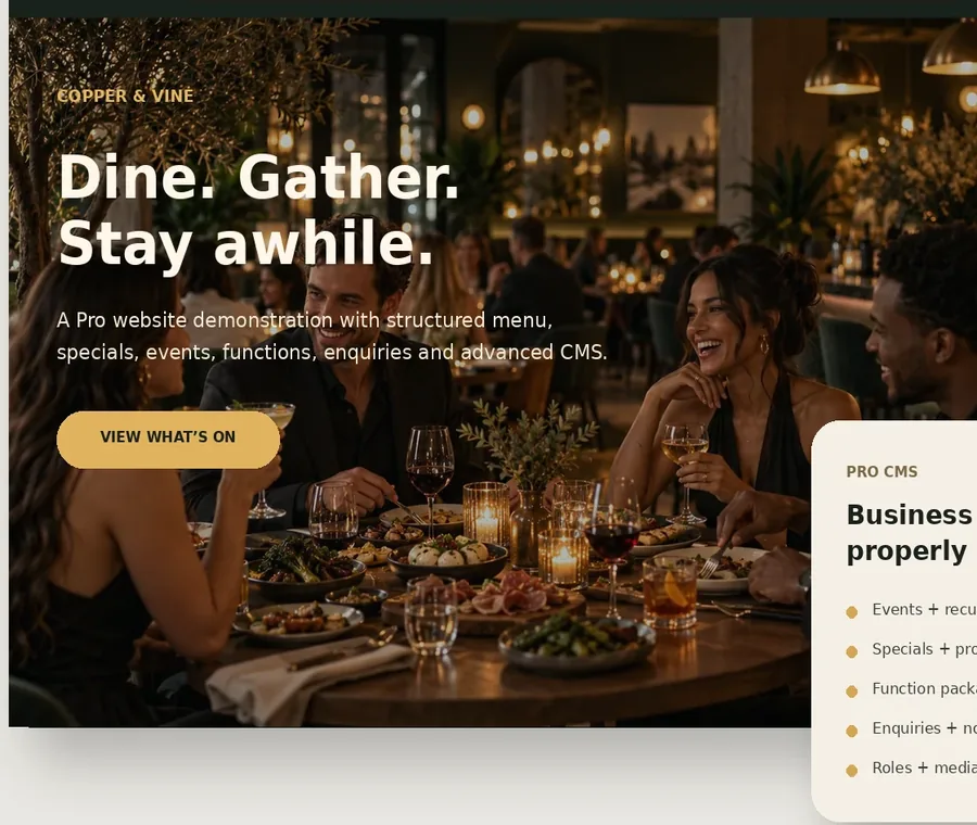 Copper & Vine Pro website interface detail
